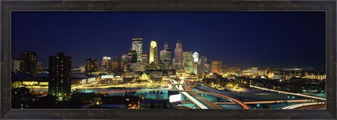 Framed Buildings lit up at night in a city, Minneapolis, Hennepin County, Minnesota, USA Print