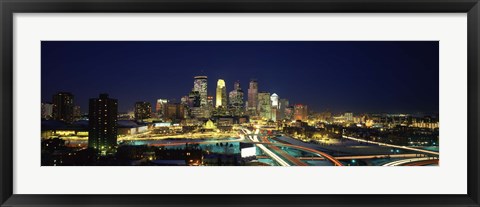 Framed Buildings lit up at night in a city, Minneapolis, Hennepin County, Minnesota, USA Print