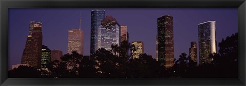 Framed Buildings in a city lit up at dusk, Houston, Harris county, Texas, USA Print