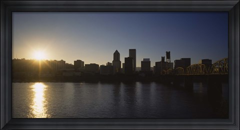 Framed Buildings along the waterfront at sunset, Willamette River, Portland, Oregon, USA Print