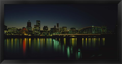 Framed Buildings lit up at night, Willamette River, Portland, Oregon, USA Print