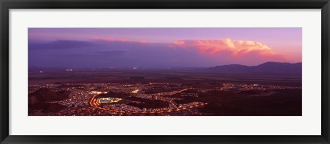 Framed Aerial view of a city lit up at sunset, Phoenix, Maricopa County, Arizona, USA Print