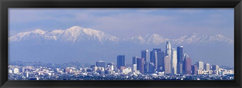 Framed Buildings in a city with snowcapped mountains in the background, San Gabriel Mountains, City of Los Angeles, California, USA Print