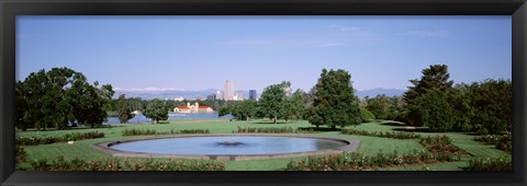 Framed Formal garden in City Park with city and Mount Evans in background, Denver, Colorado, USA Print