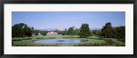 Framed Formal garden in City Park with city and Mount Evans in background, Denver, Colorado, USA Print