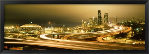 Framed Buildings lit up at night, Seattle, Washington State, USA Print