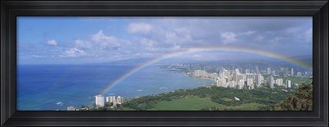 Framed Rainbow Over A City, Waikiki, Honolulu, Oahu, Hawaii, USA Print