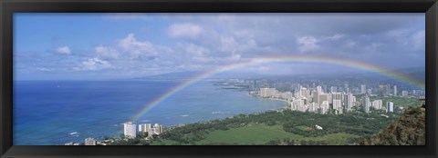 Framed Rainbow Over A City, Waikiki, Honolulu, Oahu, Hawaii, USA Print
