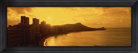 Framed USA, Hawaii, Honolulu, Waikiki Beach, Sunrise view of city and beach Print