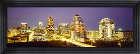 Framed Buildings lit up at dusk, Austin, Texas, USA Print