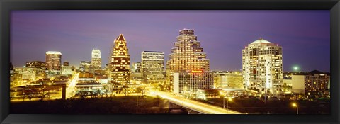 Framed Buildings lit up at dusk, Austin, Texas, USA Print