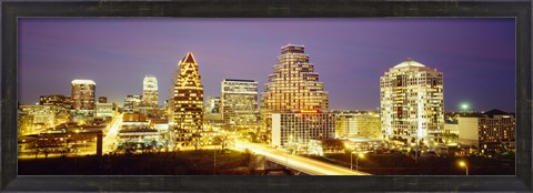 Framed Buildings lit up at dusk, Austin, Texas, USA Print