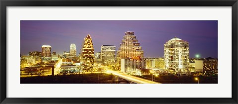 Framed Buildings lit up at dusk, Austin, Texas, USA Print