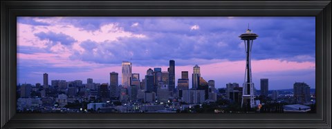 Framed Seattle Skyline with Purple Sky and Clouds Print