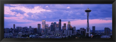 Framed Seattle Skyline with Purple Sky and Clouds Print