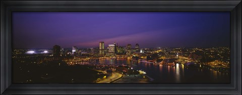 Framed Aerial view of a city lit up at dusk, Baltimore, Maryland, USA Print