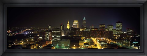 Framed Aerial view of a city lit up at night, Cleveland, Ohio, USA Print