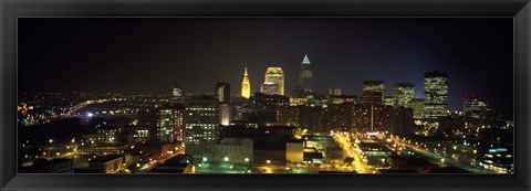 Framed Aerial view of a city lit up at night, Cleveland, Ohio, USA Print