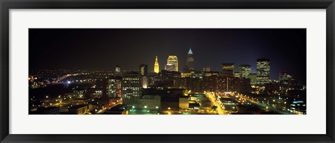 Framed Aerial view of a city lit up at night, Cleveland, Ohio, USA Print