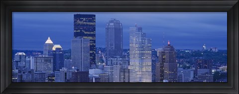Framed High angle view of skyscrapers lit up at dusk, Pittsburgh, Pennsylvania, USA Print