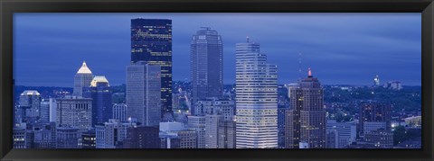 Framed High angle view of skyscrapers lit up at dusk, Pittsburgh, Pennsylvania, USA Print