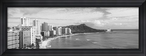 Framed Diamond Head, Waikiki, Oahu, Honolulu, Hawaii (black &amp; white) Print