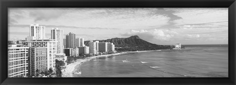 Framed Diamond Head, Waikiki, Oahu, Honolulu, Hawaii (black &amp; white) Print