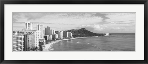 Framed Diamond Head, Waikiki, Oahu, Honolulu, Hawaii (black &amp; white) Print