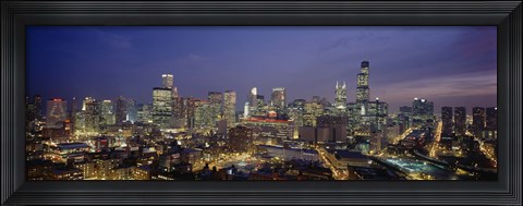 Framed High Angle View Of Buildings Lit Up At Dusk, Chicago, Illinois, USA Print