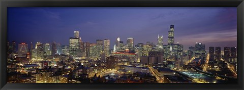 Framed High Angle View Of Buildings Lit Up At Dusk, Chicago, Illinois, USA Print