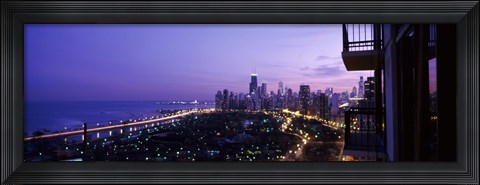 Framed High angle view of a city at night, Lake Michigan, Chicago, Cook County, Illinois, USA Print