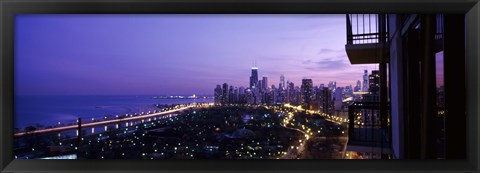 Framed High angle view of a city at night, Lake Michigan, Chicago, Cook County, Illinois, USA Print