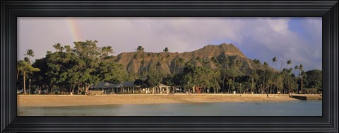 Framed USA, Hawaii, Oahu, Honolulu, Diamond Head St Park, View of a rainbow over a beach resort Print