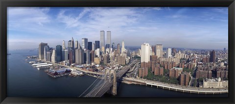 Framed Aerial view of Brooklyn Bridge and Manhattan skyline, New York City, New York State, USA Print