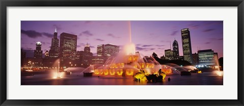 Framed Fountain lit up at dusk in a city, Chicago, Cook County, Illinois, USA Print