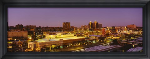 Framed High angle view of buildings lit up at dusk, Kansas City, Missouri, USA Print