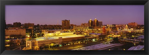 Framed High angle view of buildings lit up at dusk, Kansas City, Missouri, USA Print