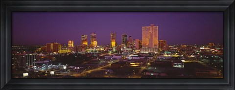 Framed High angle view of skyscrapers lit up at night, Dallas, Texas, USA Print