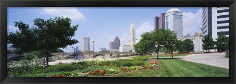 Framed Garden in front of skyscrapers in a city, Scioto River, Columbus, Ohio, USA Print