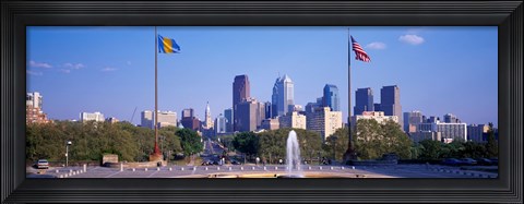 Framed Fountain at art museum with city skyline, Philadelphia, Pennsylvania, USA Print
