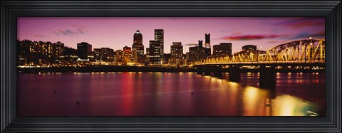Framed Skyscrapers lit up at sunset, Willamette River, Portland, Oregon, USA Print
