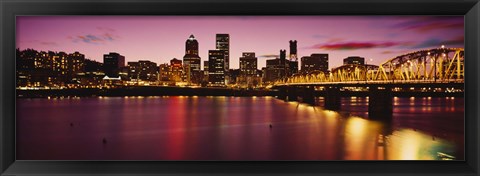 Framed Skyscrapers lit up at sunset, Willamette River, Portland, Oregon, USA Print