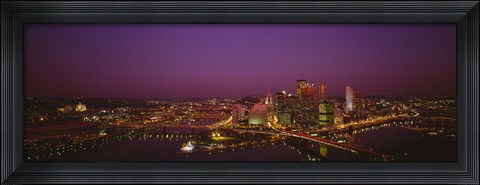 Framed High angle view of buildings lit up at night, Three Rivers Stadium, Pittsburgh, Pennsylvania, USA Print