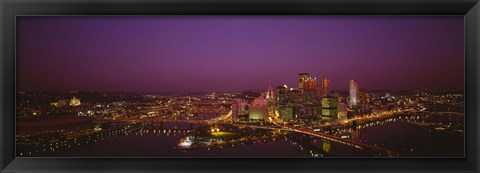 Framed High angle view of buildings lit up at night, Three Rivers Stadium, Pittsburgh, Pennsylvania, USA Print