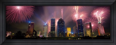 Framed Fireworks Over Buildings In Houston, Texas Print