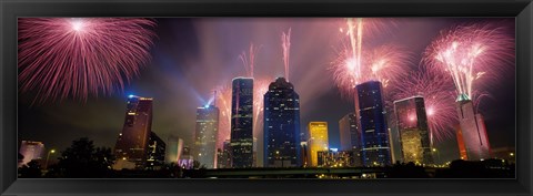 Framed Fireworks Over Buildings In Houston, Texas Print