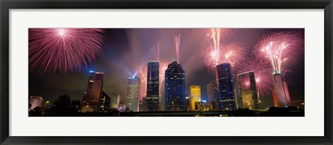 Framed Fireworks Over Buildings In Houston, Texas Print