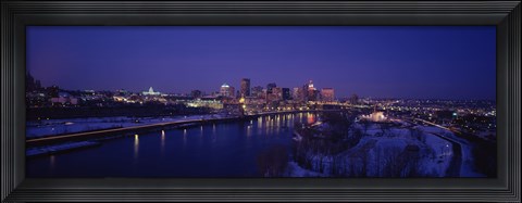 Framed Reflection of buildings in a river at night, Mississippi River, Minneapolis and St Paul, Minnesota, USA Print