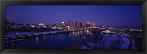 Framed Reflection of buildings in a river at night, Mississippi River, Minneapolis and St Paul, Minnesota, USA Print