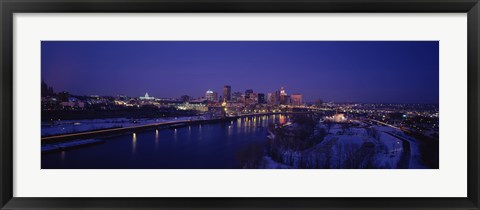 Framed Reflection of buildings in a river at night, Mississippi River, Minneapolis and St Paul, Minnesota, USA Print